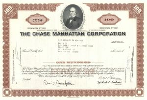 Chase Manhattan Corp. - Printed Signature of David Rockefeller - 1960-70's dated Banking Stock Certificate - Salmon Chase Vignette