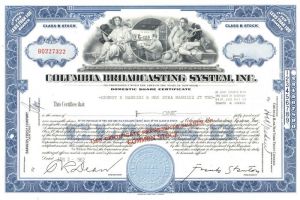 Columbia Broadcasting System, Inc. - 1950's-60's dated Television Stock Certificate