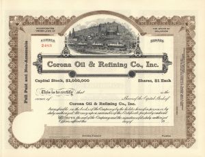 Corona Oil and Refining Co, Inc - 1920's dated Unissued Stock Certificate
