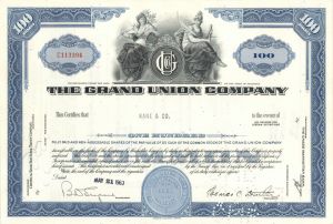 Grand Union Co. - 1960's-70's dated Super Market Chain Stock Certificate - Great Supermarket History