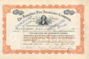 Hamilton Fire Insurance Co of The City of New York - 1900-20's dated New York Stock Certificate