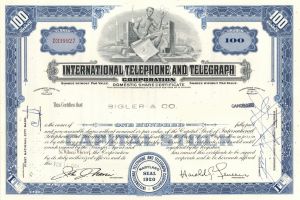 International Telephone & Telegraph Corp. - ITT - 1960's-70's dated Utility Stock Certificate