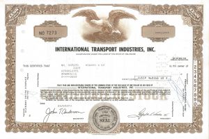 International Transport Industries Inc. - dated 1970's Transportation Stock Certificate