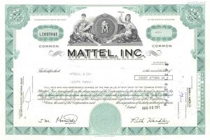 Mattel, Inc - Famous Toy Company - Aqua Color Stock Certificate