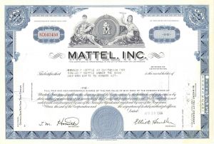 Mattel, Inc - Famous Toy Company - Blue Color Stock Certificate - Very Rare