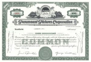 Paramount Pictures Corporation - American Film Production & Distribution Co. Stock Certificate - Dated 1950-60s