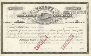 Valley Paper Co. Holyoke, Massachusetts - dated 1914-70's Paper Supply Stock Certificate