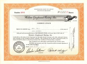 Western Greyhound Racing, Inc. - 1950's dated Dog Racing Stock Certificate - Interesting Canine Vignette