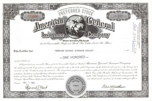 American General Insurance Co. - Bought out by AIG in 2001 - 1960's dated Houston, Texas Stock Certificate