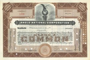 Anglo National Corp. - 1920's-30's dated Banking Stock Certificate - Interesting History