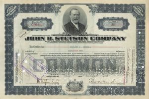 John B. Stetson Co. - 1920's dated Stock Certificate - Famous Hat Co.