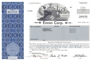 Enron Corporation - Crooked E Vignette - dated 2003 Stock Certificate - Famous Fraudulent Company