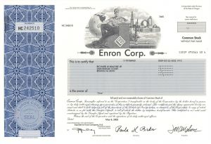 Enron Corporation - Crooked E Vignette - dated 2002 Stock Certificate - Famous Fraudulent Company