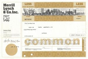 Merrill Lynch and Co, Inc - "Twin Towers" or World Trade Center Buildings in the Vignette - 1970's dated Stock Certificate