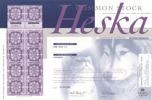 Heska Corporation - Beautiful Dog and Cat Image - 2002 dated Pet Care Stock Certificate
