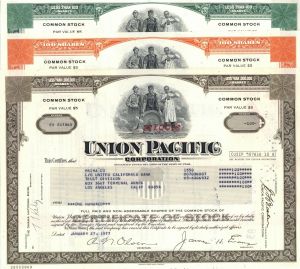 Set of 3 Union Pacific Railroad Stocks - dated 1960's-80's Railway Stock Certificates of Different Colors - Three Stocks