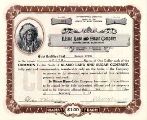Alamo Land and Sugar Co. - Stock Certificate
