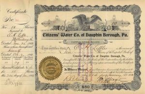 Citizens' Water Co. of Dauphin Borough, Pennsylvania - 1900's Dated Utility Stock Certificate