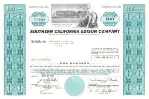 Southern California Edison Co. - 1971-92 dated Stock Certificate - Largest Subsidiary of Edison International