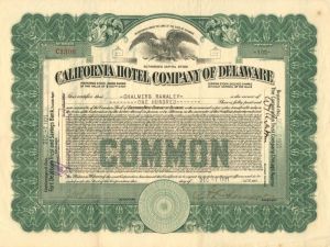 California Hotel Co. of Delaware - Stock Certificate