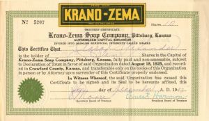 Krano-Zema Soap Co., Pittsburg, Kansas - Stock Certificate