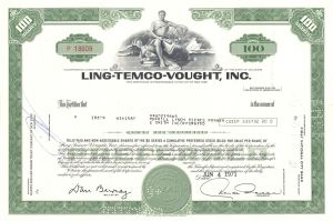 Ling-Temco-Vought, Inc. - 1967-72 dated Stock Certificate - Involved in Aerospace, Airlines, Electronics, Steel Manufacturing, Sporting Goods, Meat Packing, Car Rentals, and Pharmaceuticals