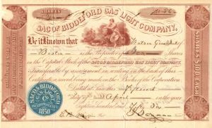 Saco and Biddeford Gas Light Co. - 1856 dated Maine Stock Certificate