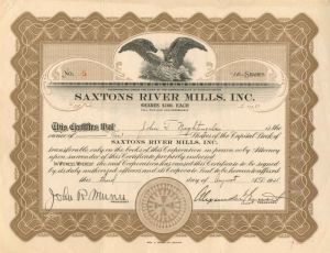 Saxtons River Mills, Inc. - Stock Certificate