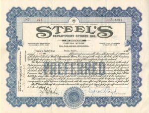 Steel's Department Stores Inc. - Stock Certificate