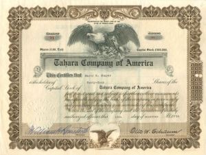 Tahara Co. of America - Stock Certificate