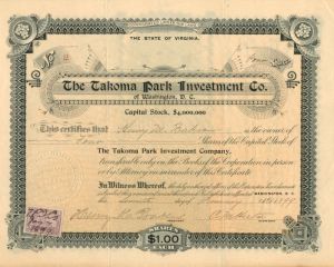 Takoma Park Investment Co. - Stock Certificate