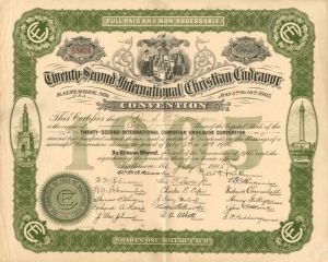 Twenty-Second International Christian Endeavor Convention - Stock Certificate