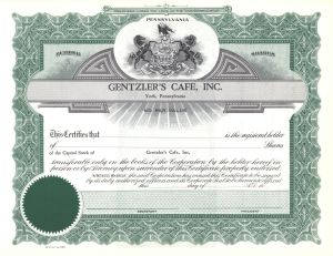 Gentzler's Cafe, Inc. - York, Pennsylvania Stock Certificate