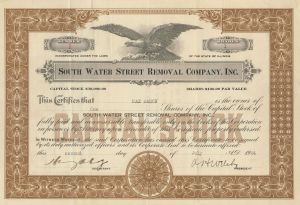 South Water Street Removal Co., Inc. - Certificate Serial No.1 - Stock Certificate
