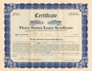 Three States Lease Syndicate - Stock Certificate