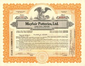 Mayfair Potteries, Ltd. - Stock Certificate