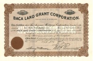 Baca Land Grant Corporation - Arizona Mortgage related Stock Certificate