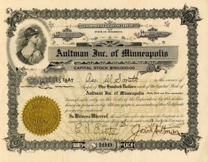 Aultman Inc. of Minneapolis - Stock Certificate