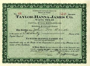 Taylor-Hanna-James Co. - Stock Certificate