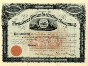 Keystone Manufacturing Co. - 1897 dated West Virginia Inc. Stock Certificate