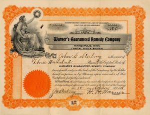 Warner's Guaranteed Remedy Co. - Stock Certificate