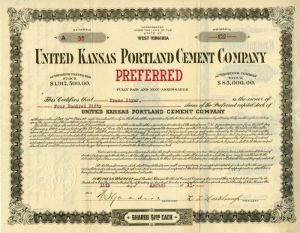 United Kansas Portand Cement Co. - 1913 dated Preferred Cement Stock Certificate - Kansas City, Missouri