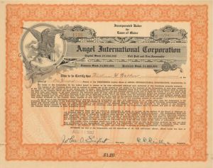 Angel International Corporation - 1932 dated Stock Certificate - Maybe a Producer of a Parafin Substance
