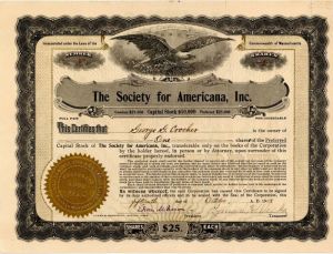 Society for Americana, Inc. - Stock Certificate