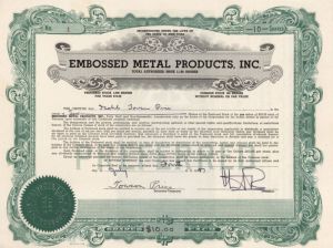 Embossed Metal Products, Inc. - Stock Certificate