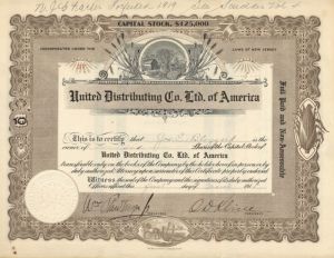 United Distributing Co. Ltd. of America - 1915 dated Stock Certificate