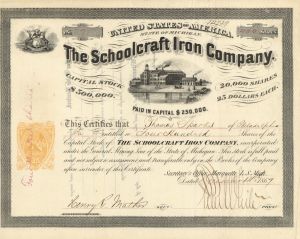Schoolcraft Ironl Co. - Gorgeous Imprinted Reveneu Michigan Stock Certificate