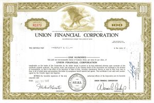 Union Financial Corp. - 1960's-1970's dated Stock Certificate - Available in Blue or Olive - Please Specify Color