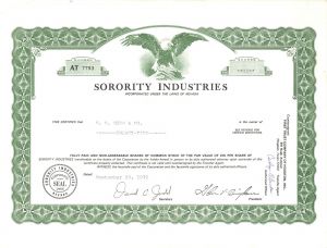 Sorority Industries -  Stock Certificate