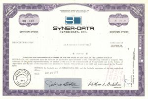 Syner-Data, Inc. -  Stock Certificate